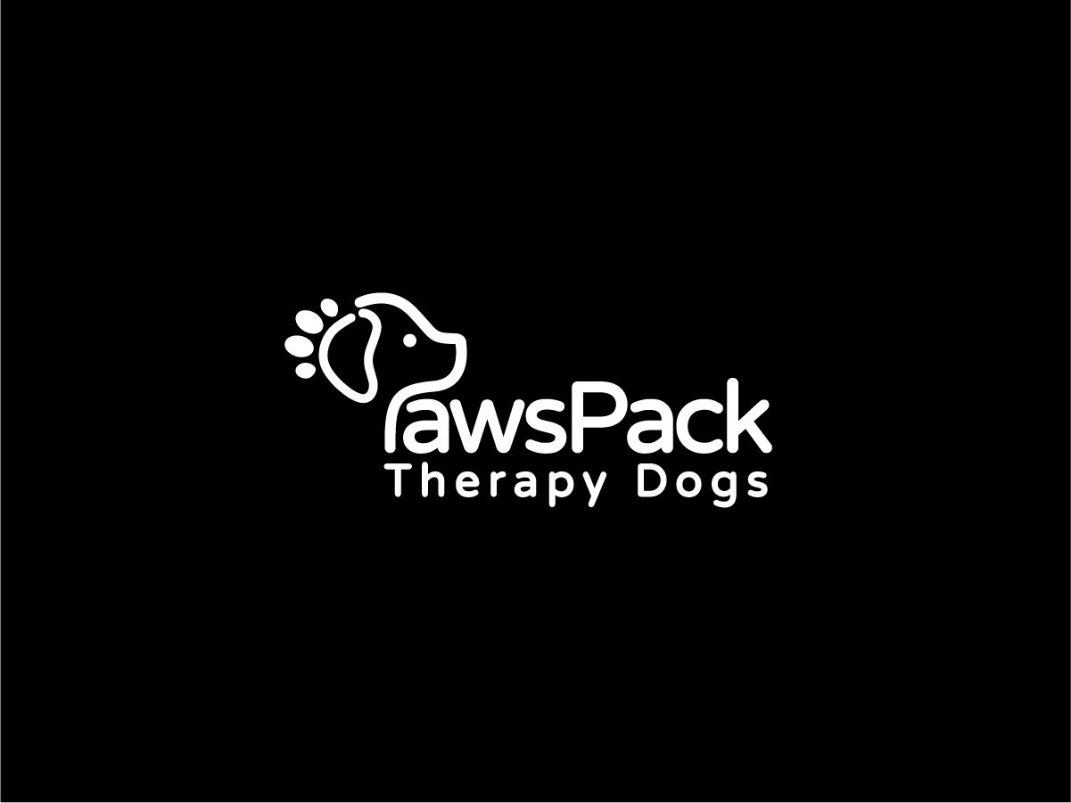 A collection of black and white logo designs for PawsPack Therapy Dogs showing paw prints and text.