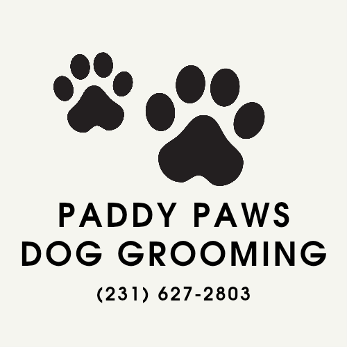 A simple black logo design for Paddy Paws Dog Grooming featuring two dog paw prints and business phone number.