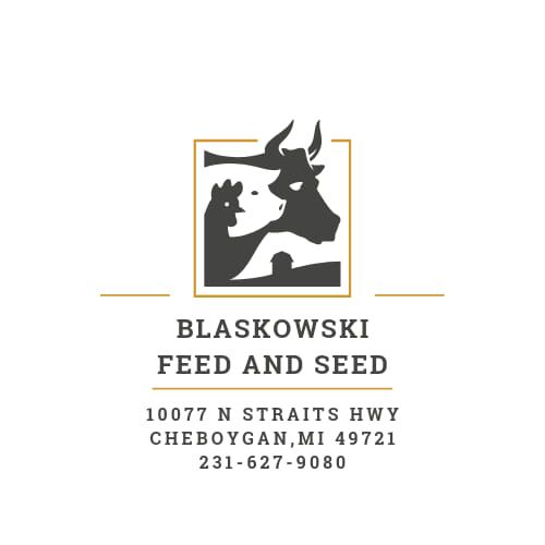 Black silhouette logo featuring a bull and goat design for Blaskowski Feed and Seed in Cheboygan, Michigan.