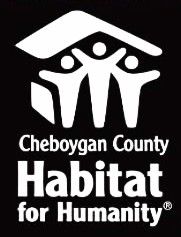 Black and white logo for Cheboygan County Habitat for Humanity featuring a house roof with stylized figures underneath.