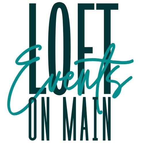 Stylized turquoise and dark green logo design for 'LOFT ON MAIN' with elegant script text.