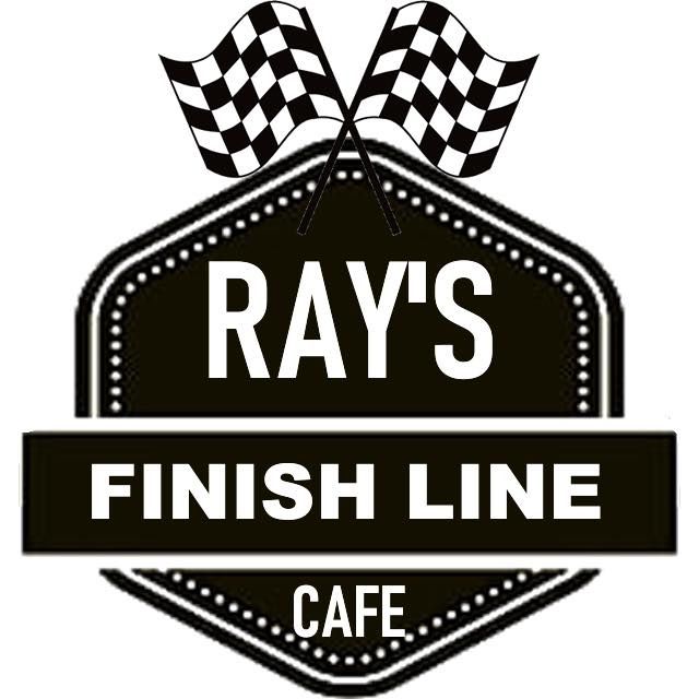 Ray's Finish Line Cafe logo with black hexagon shape and dual checkered racing flags at the top.