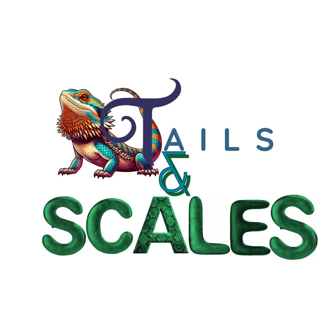 A colorful illustrated lizard logo with 'TAILS & SCALES' text in blue and green letters.