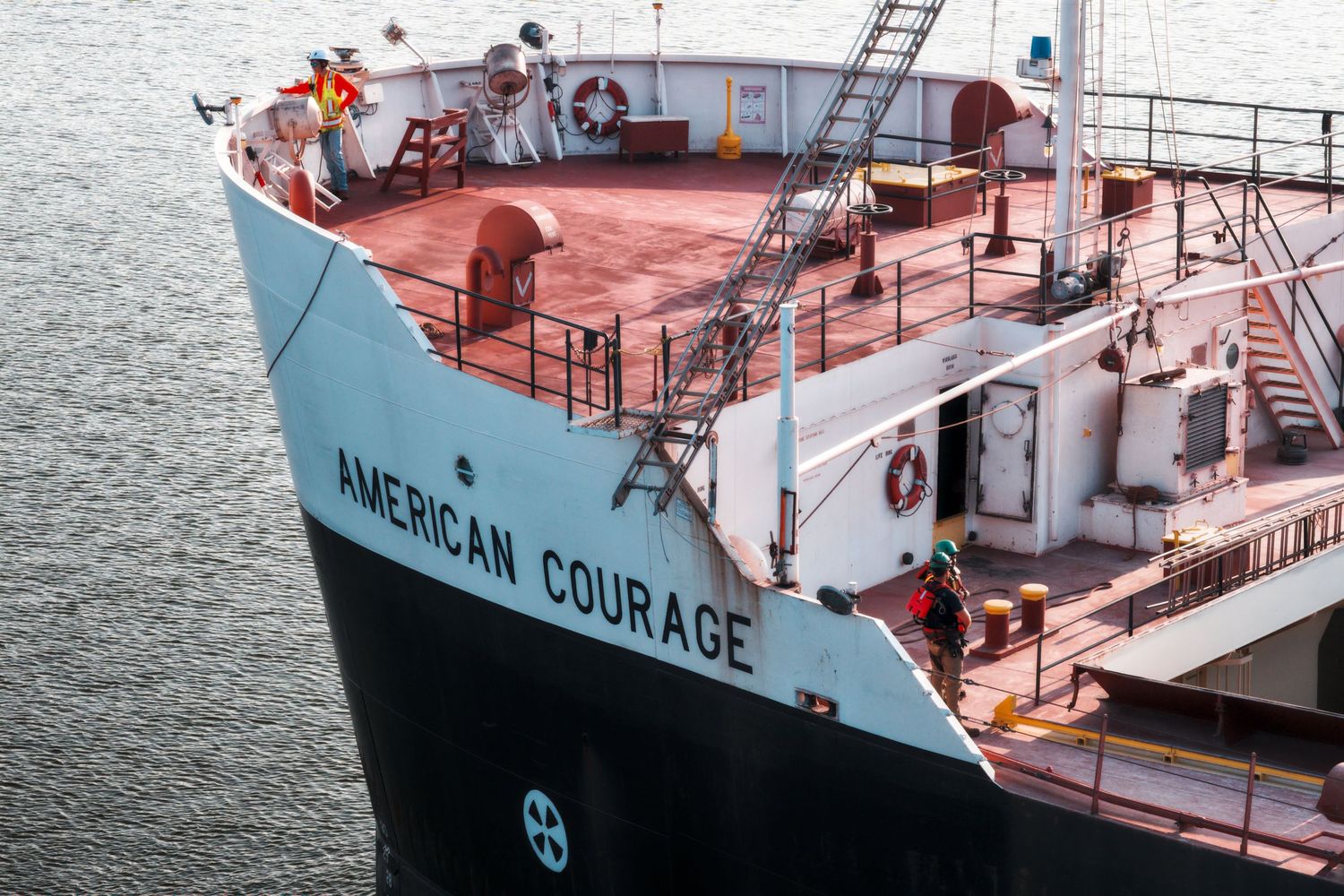 Crew of the Great Lakes freighter American Courage preparing for docking operation in Bay City, Michigan