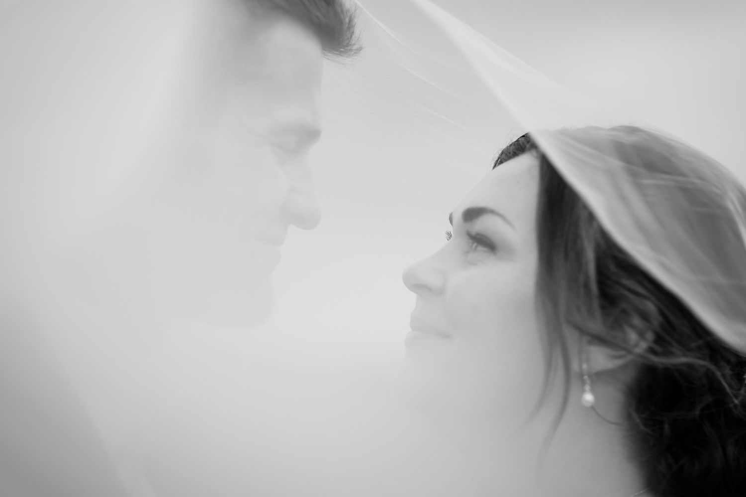 Ethereal black and white bridal portraits with soft focus and dreamy lighting.