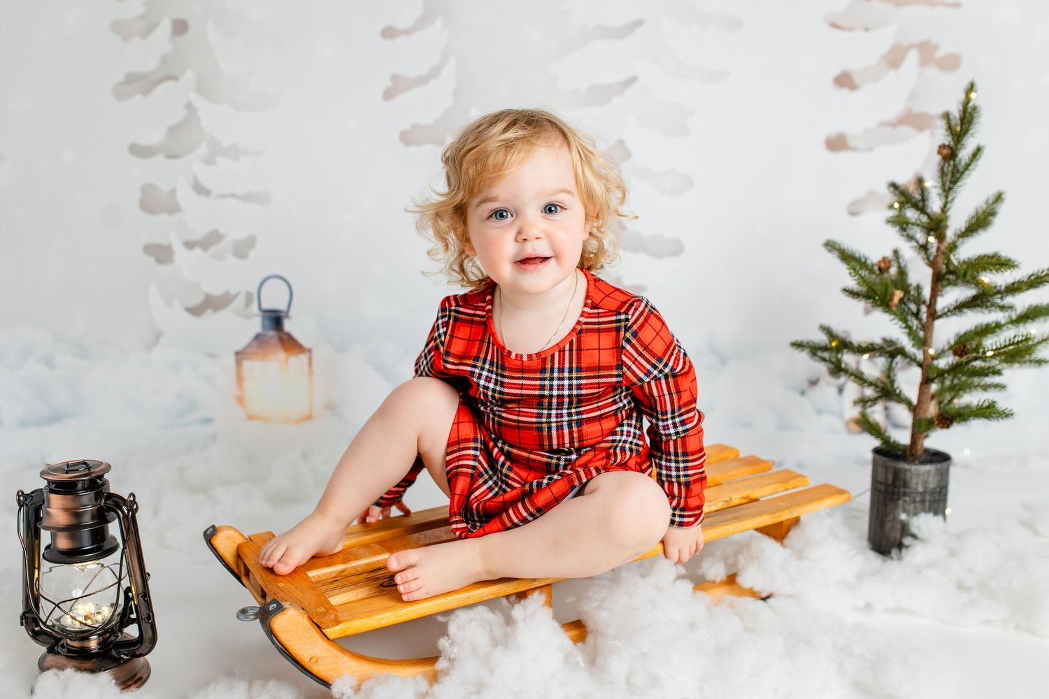Holiday photo setup with wooden sled, lantern and small Christmas tree against snowy white background.