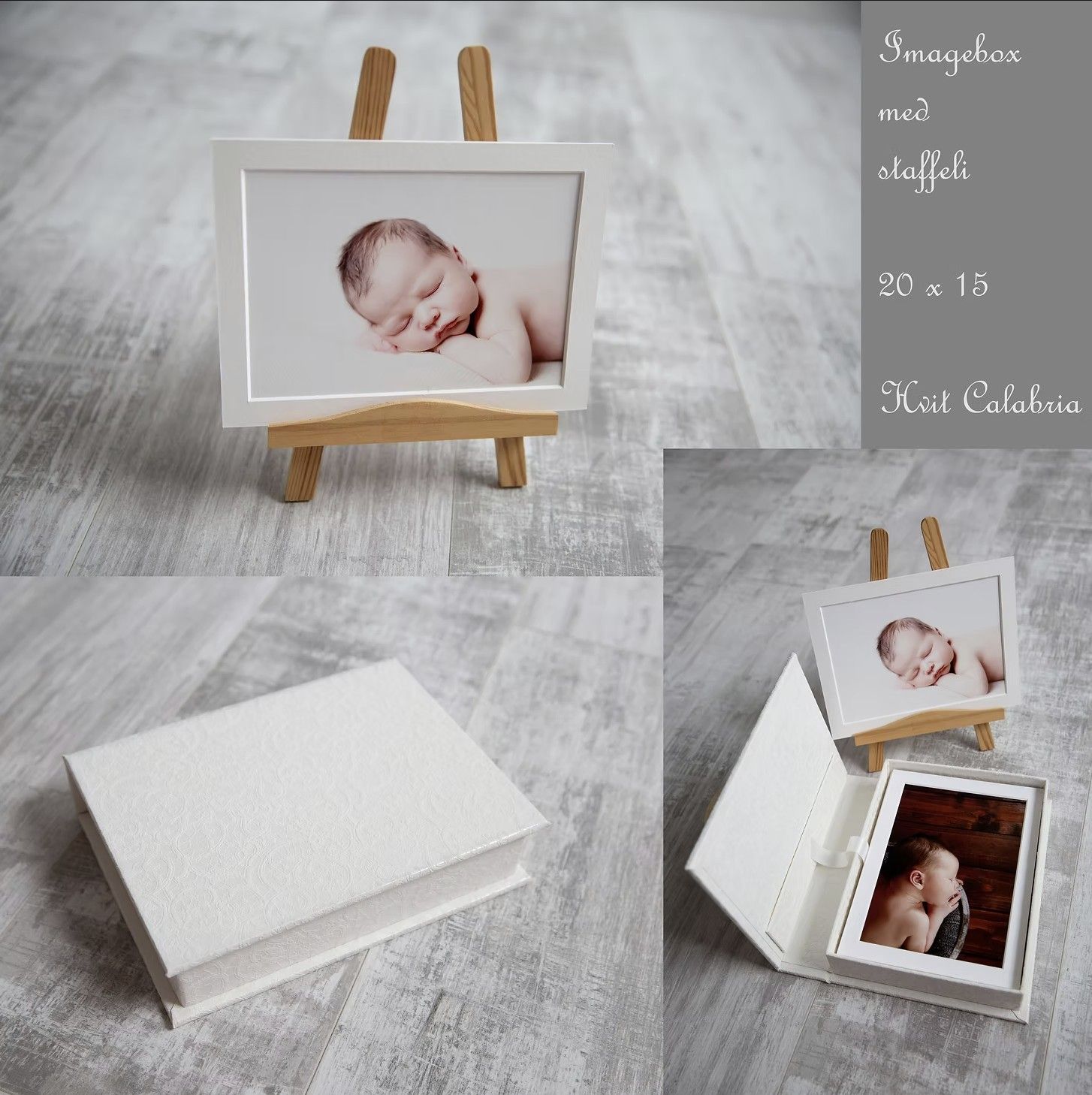 White photo box and prints displayed with wooden easel on gray surface.