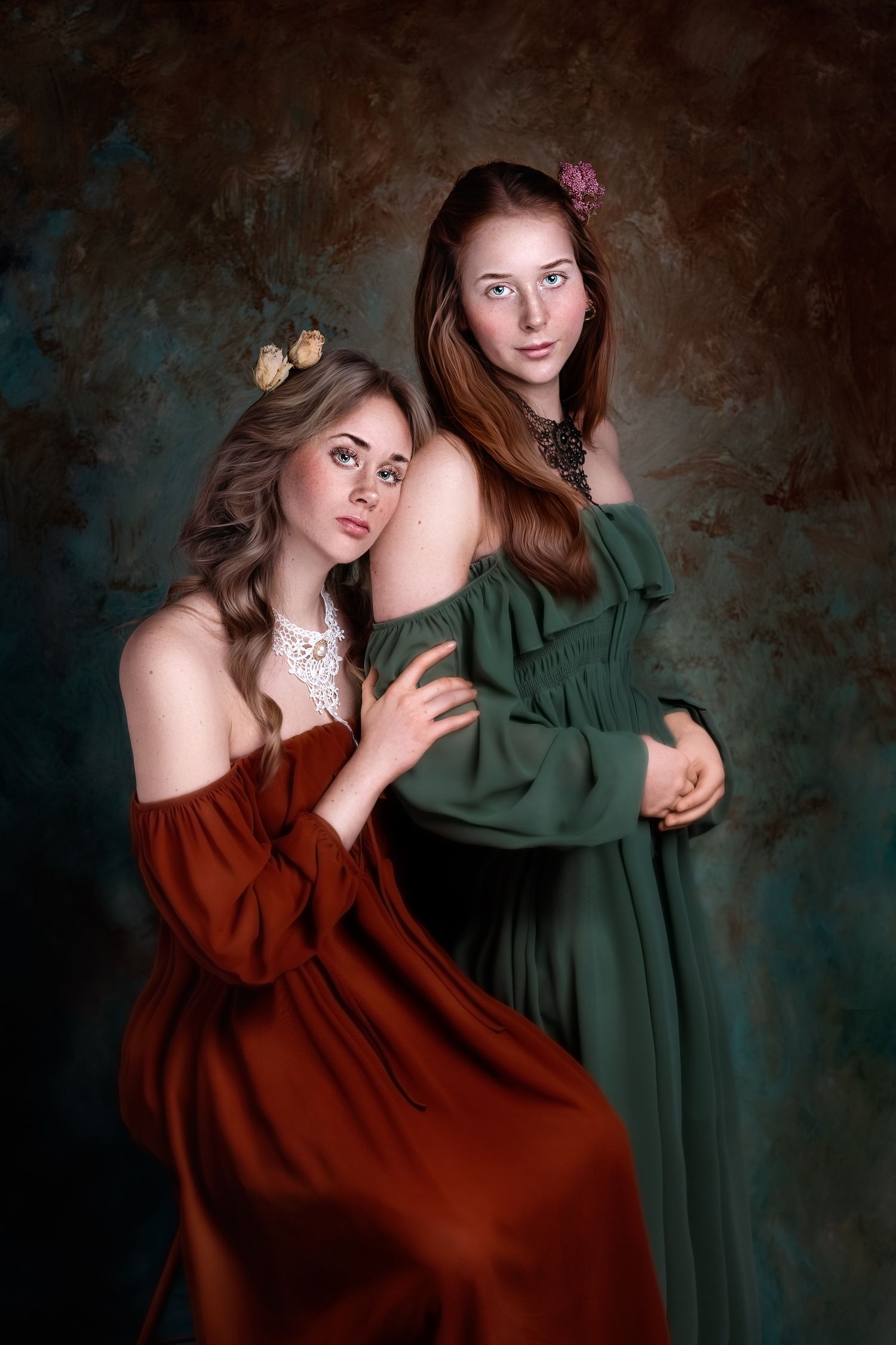 Artistic portrait of two women in renaissance-style dresses with butterflies against a moody background.