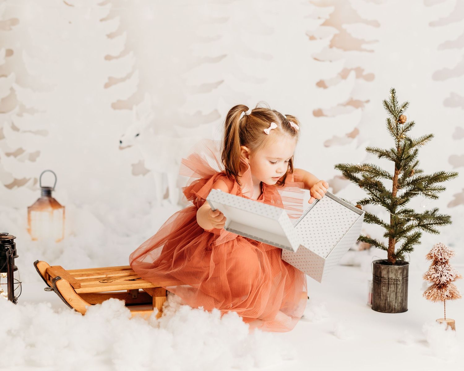 Orange dress photo session with evergreen tree and lantern props against white background.
