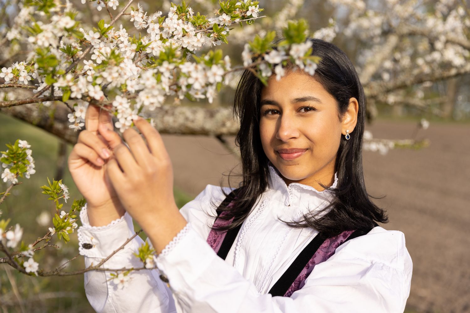 Folk costumes photographed under blooming cherry blossoms in spring.