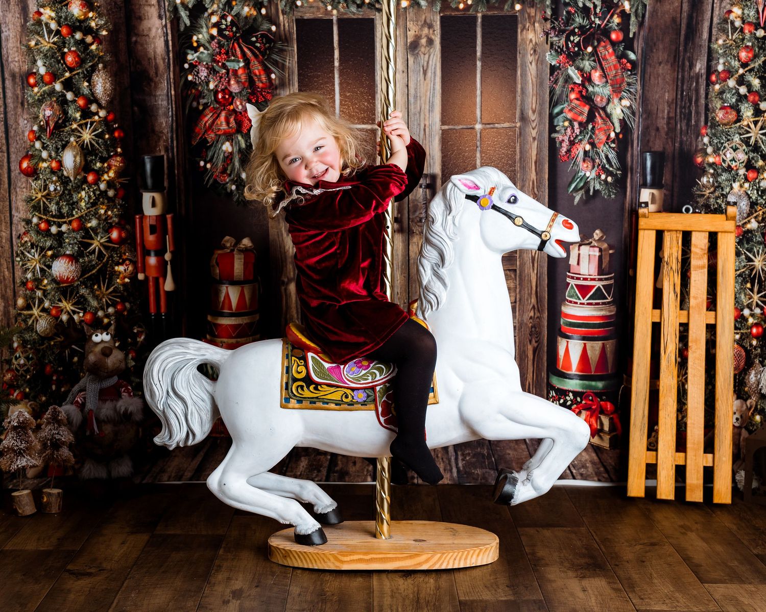 Playful holiday photo sequence with wooden rocking horse against decorated Christmas backdrop.