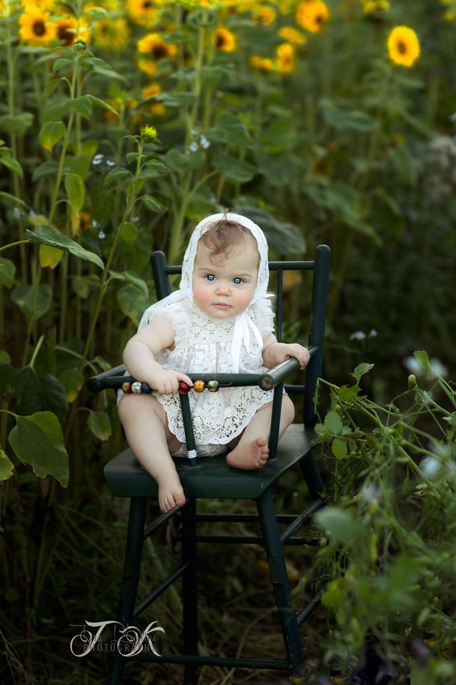 Small child in white bonnet seated in outdoor chair among sunflower garden.
