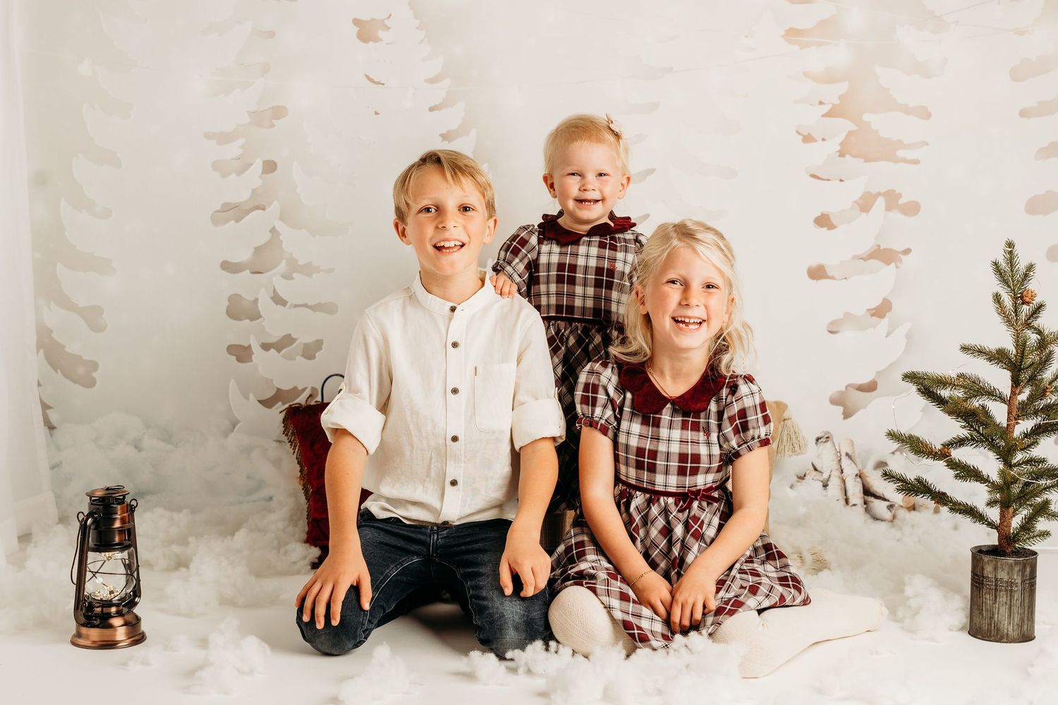 Winter themed studio portraits with minimalist white backdrop and pine decorations.