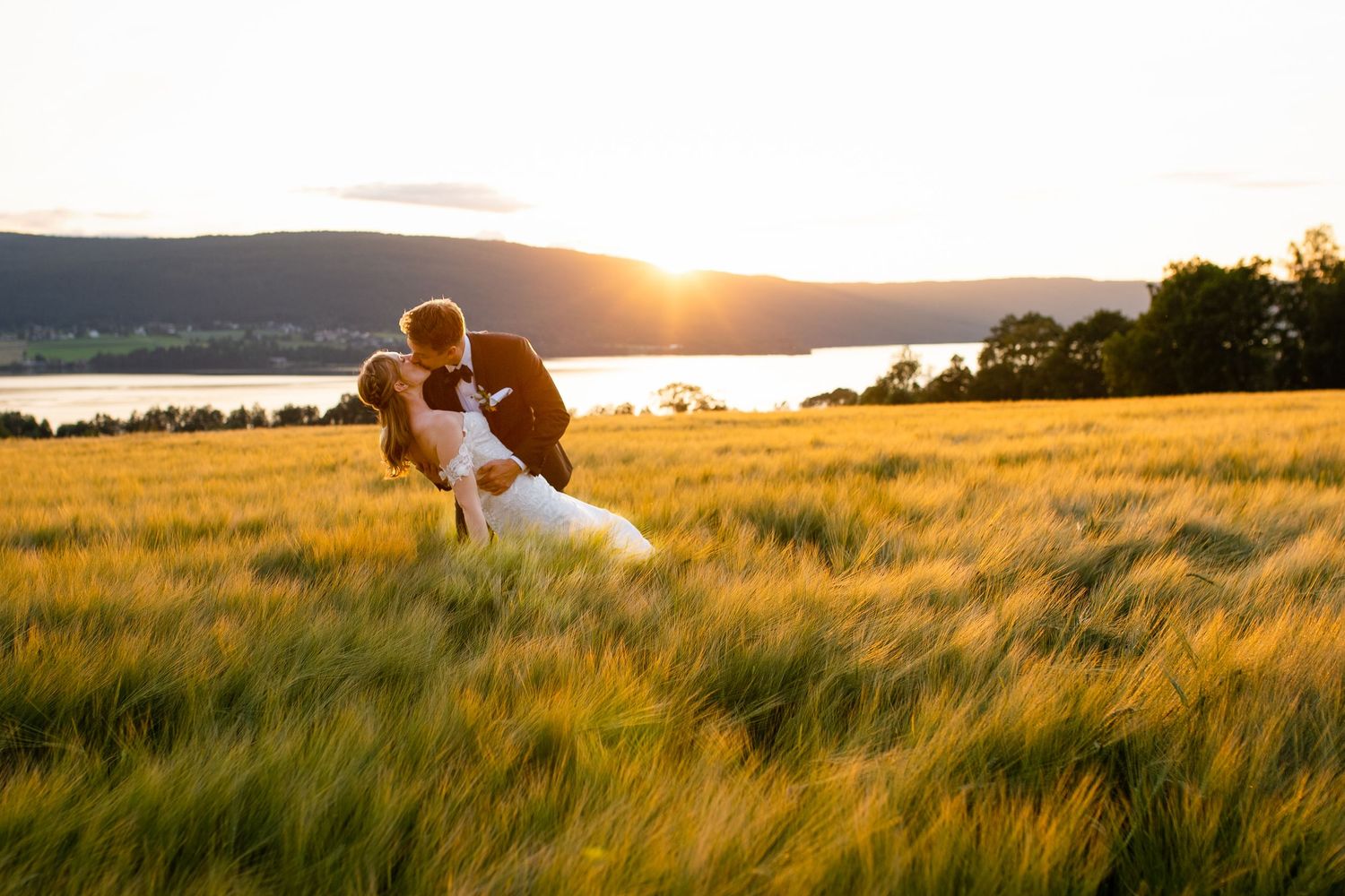 Wedding couple embracing in a golden wheat field at sunset.