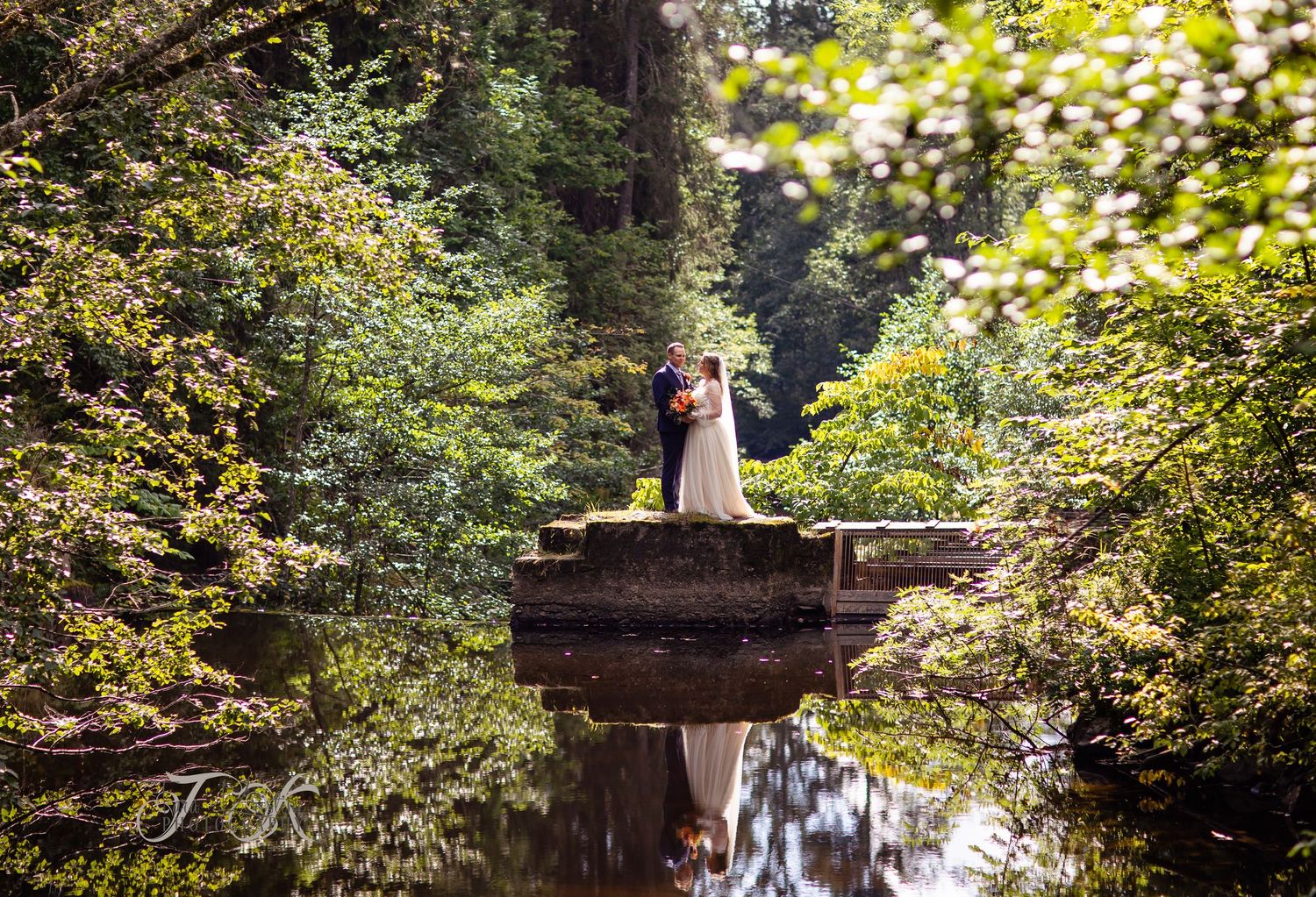 Wedding couple poses on rustic stone bridge surrounded by autumn foliage.