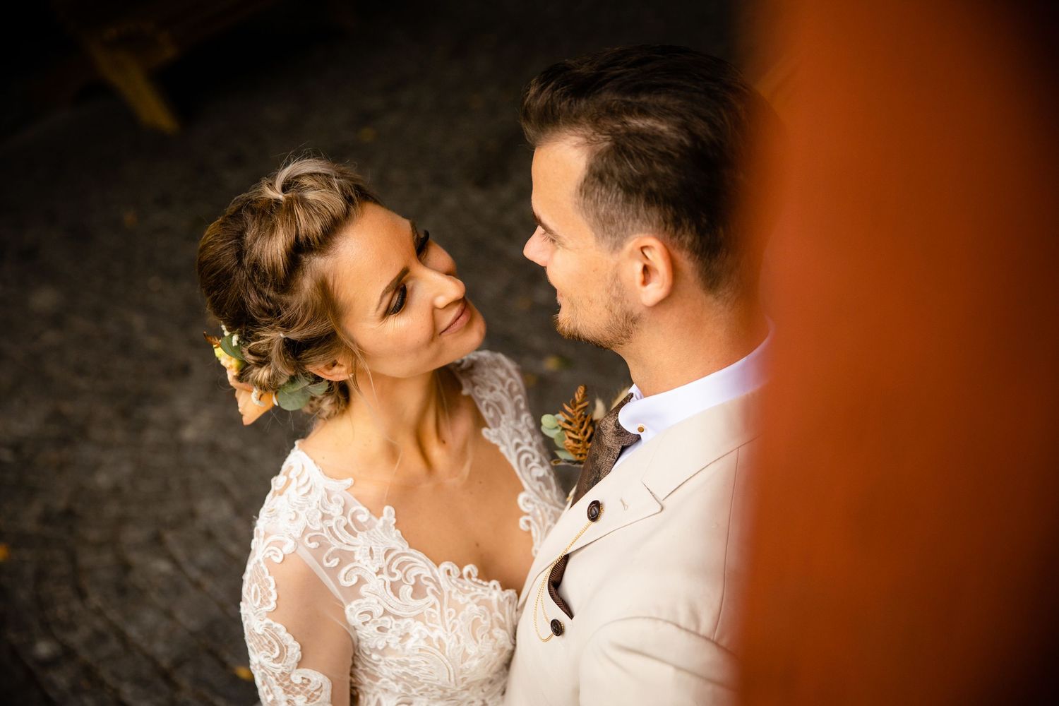 Romantic wedding portraits with warm lighting and intimate moments.