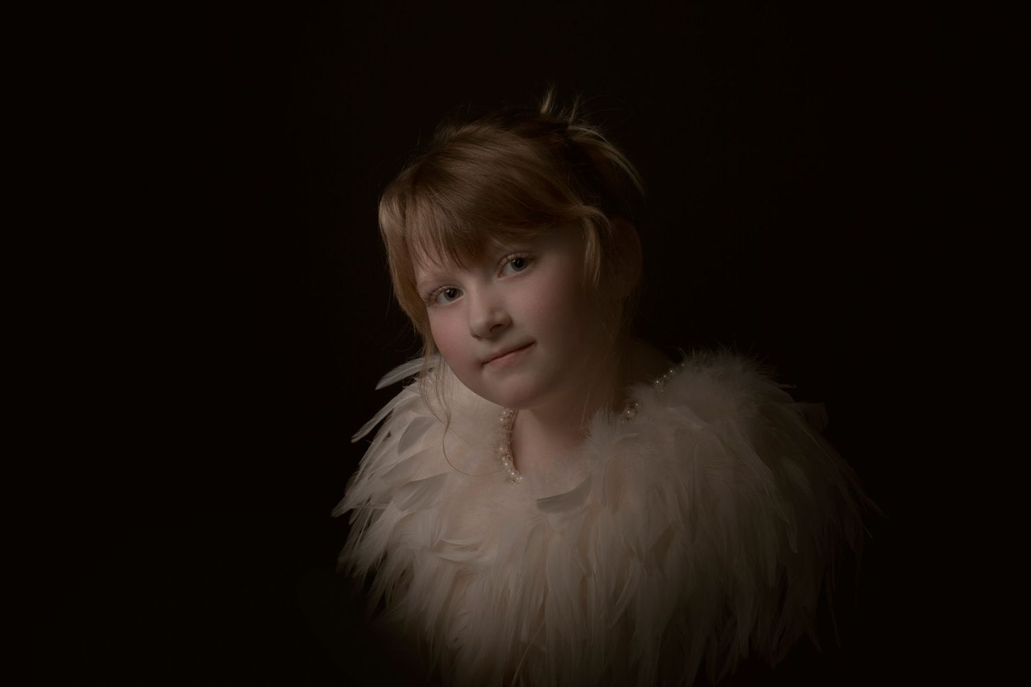 Dramatic portrait featuring a delicate feathered collar against a dark background in vintage style.