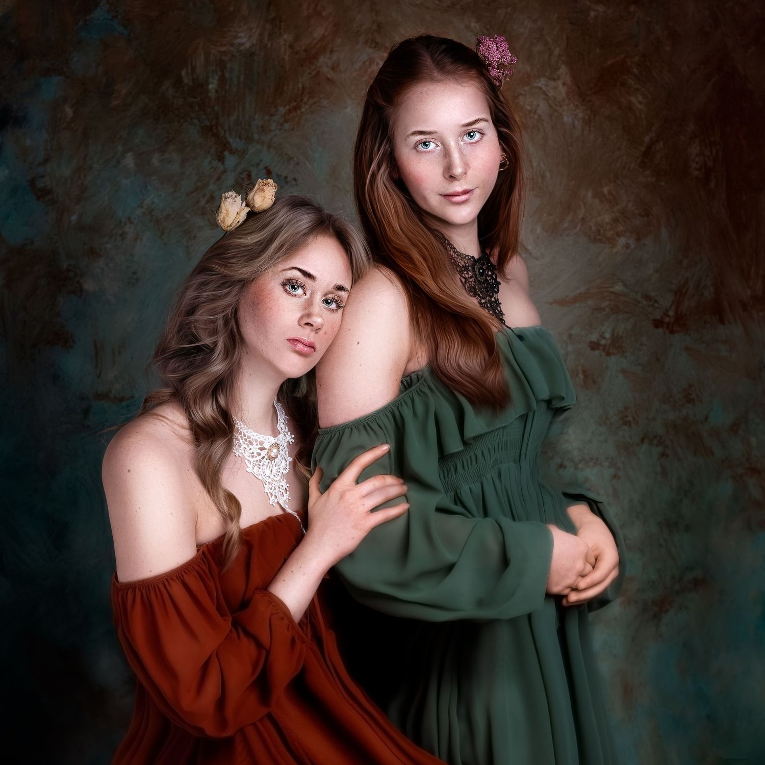 Two models in medieval-inspired dresses pose against a textured backdrop with butterflies.