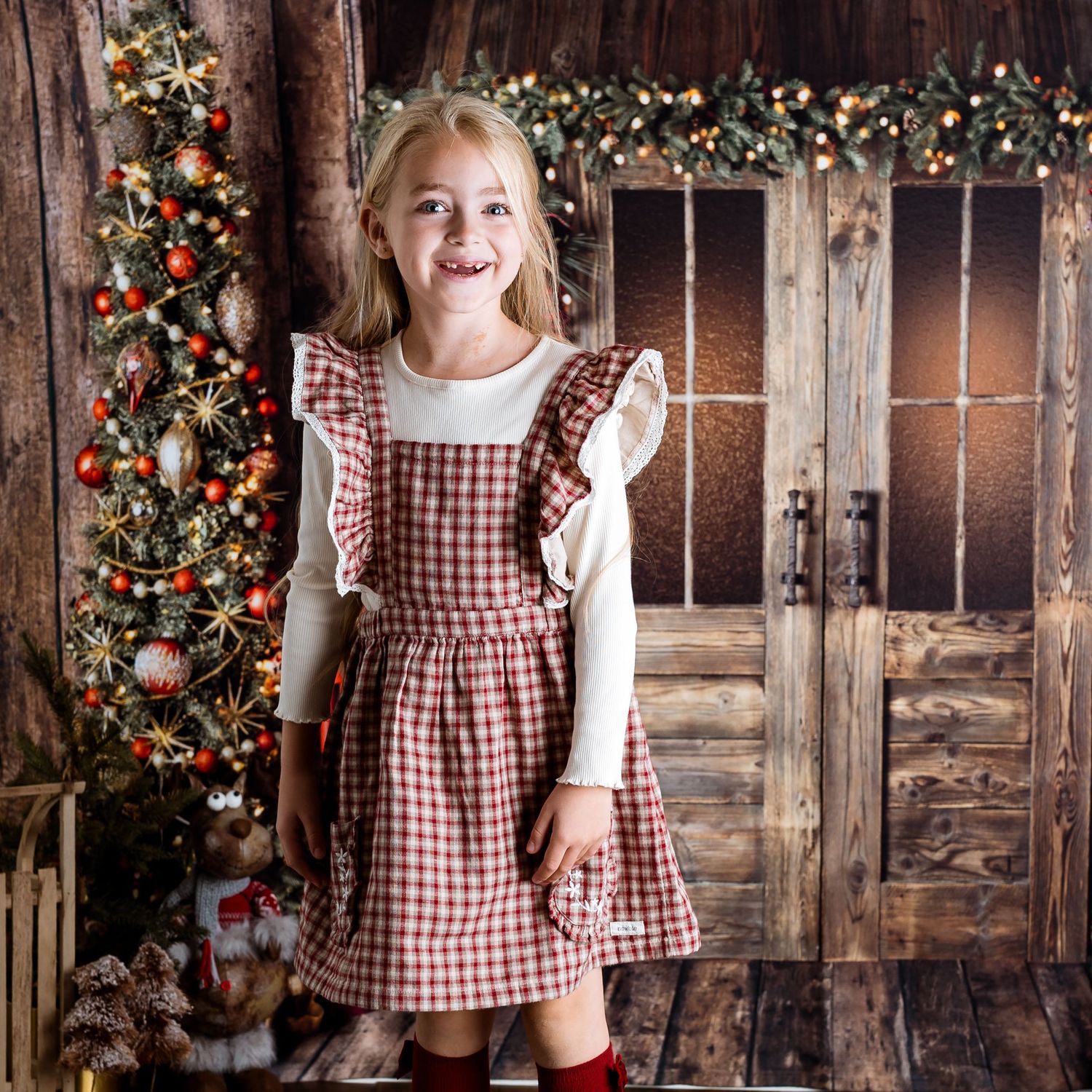 Holiday portraits with red gingham dress and festive Christmas decorations in rustic wooden setting.