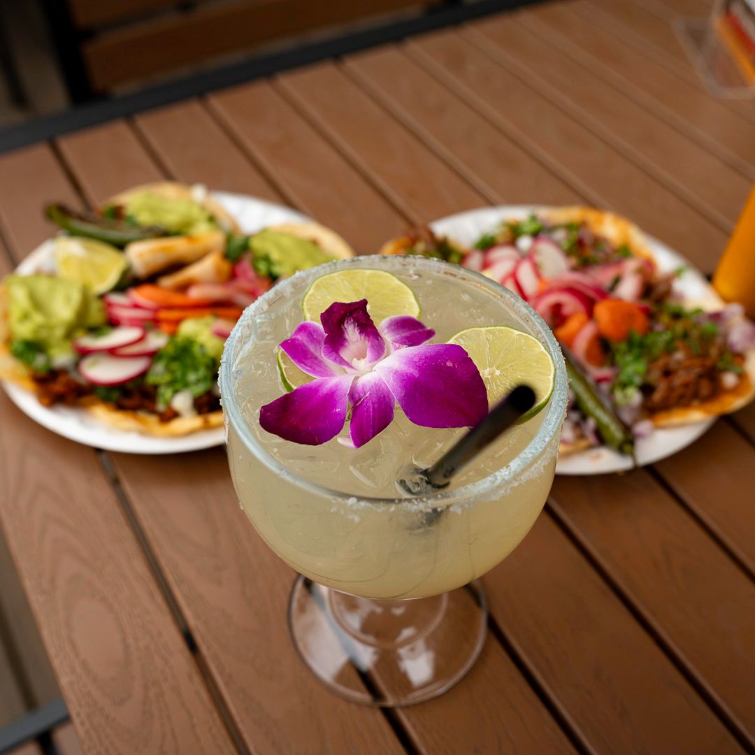 Fresh dish with an orchid-garnished margarita for Side Hustle's Salem, Oregon location — restaurant food and drink photography.