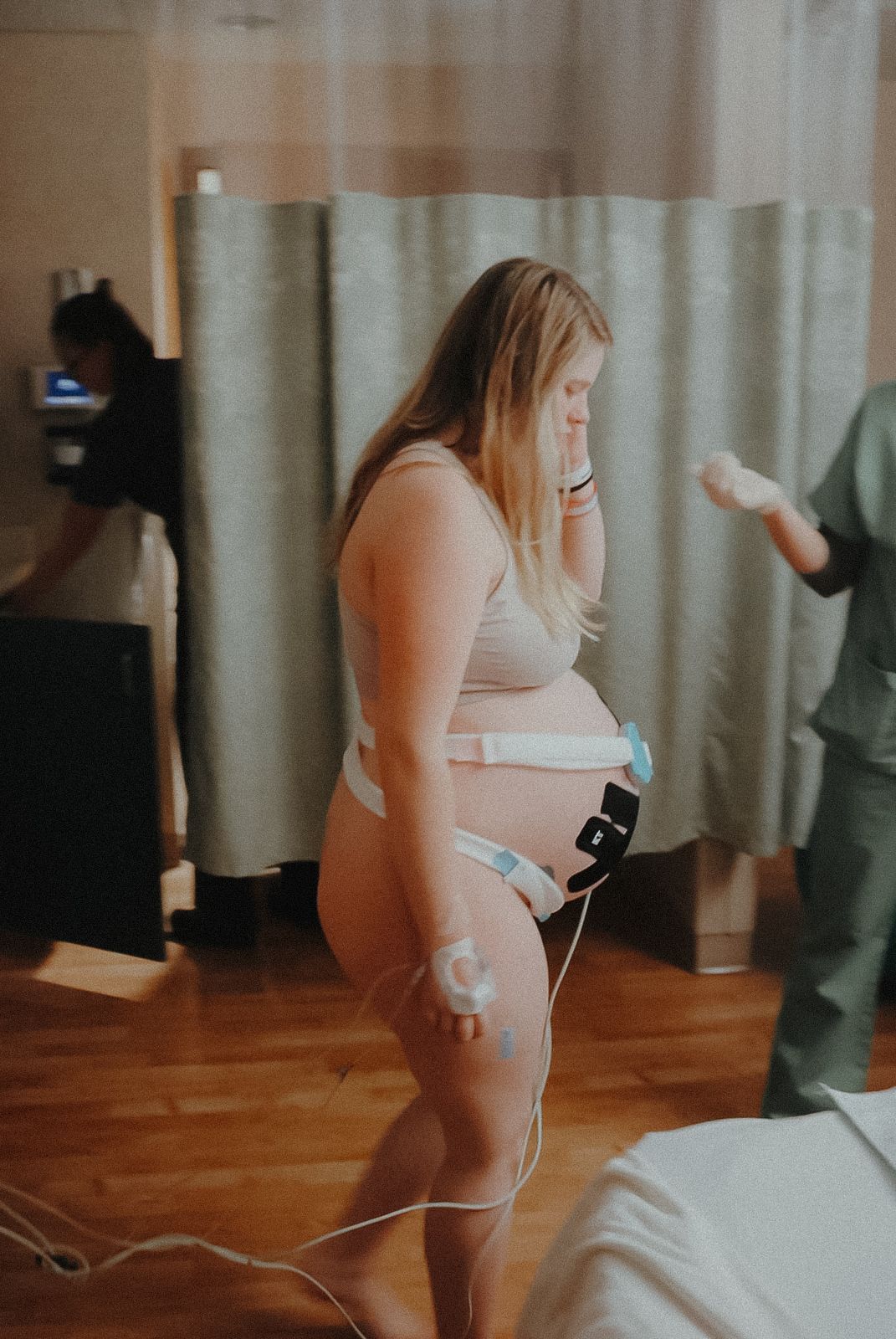 A series of photos showing a pregnant  patient being monitored in a medical setting.