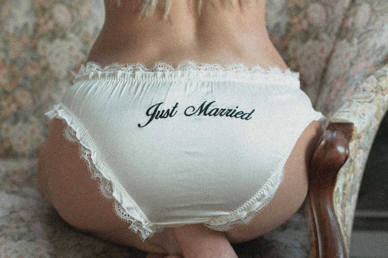 White lace-trimmed underwear with 'Just Married' text embroidered, bridal boudoir gift for new husband