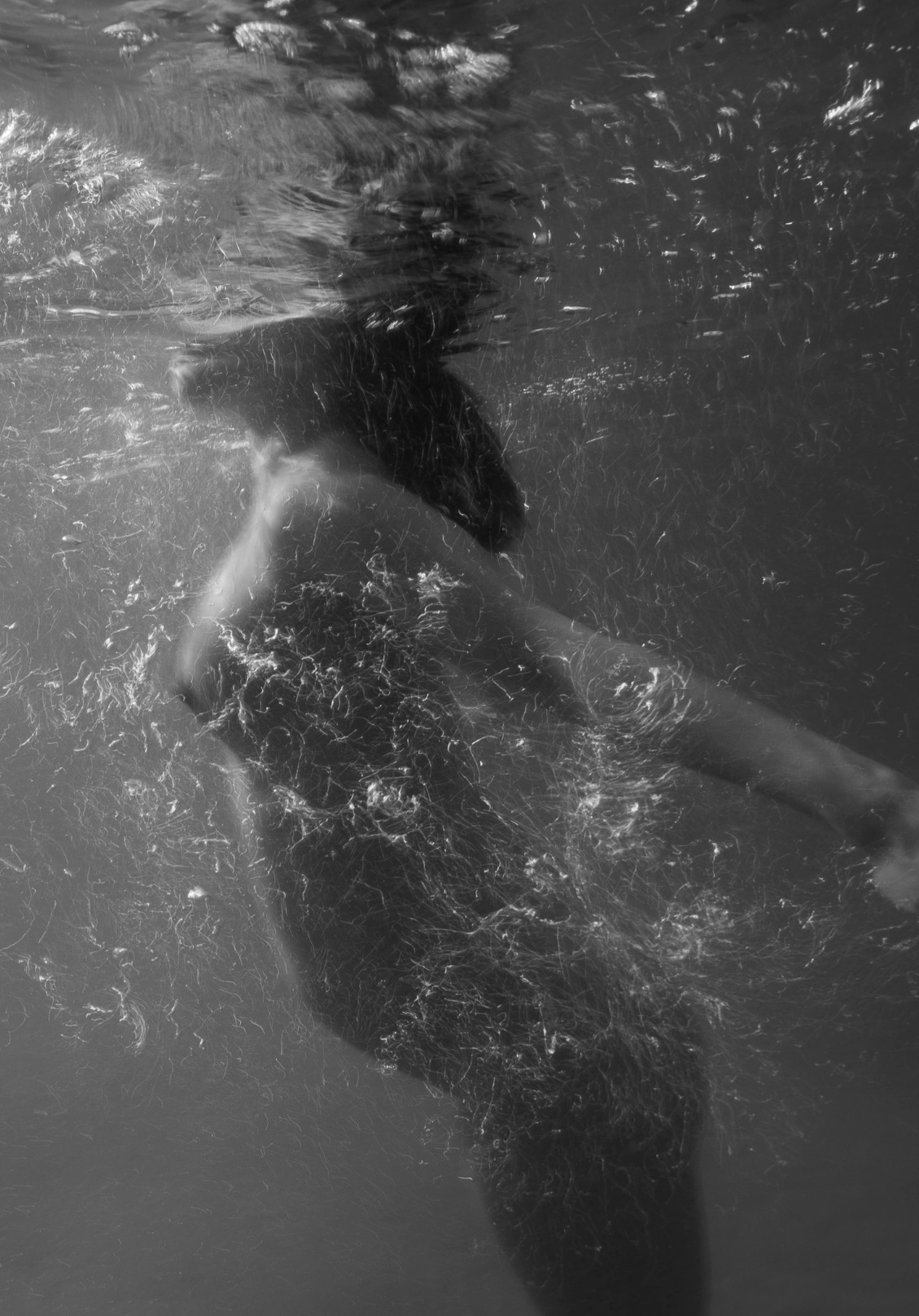 Artistic black and white underwater photography showing graceful movement and bubbles.