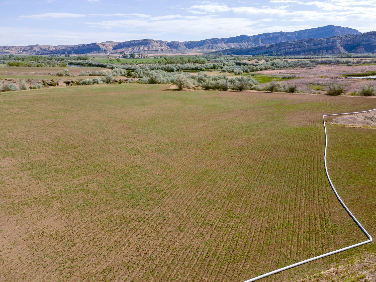 Aerial view of lush green farmland with irrigation pipe, surrounded by trees and red rock mountains in a rural valley.
