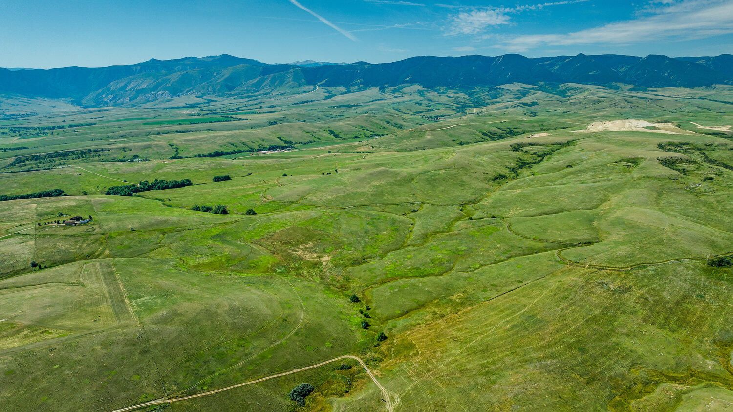 Aerial view of vast green rolling hills and valleys with mountain range backdrop under clear blue sky.