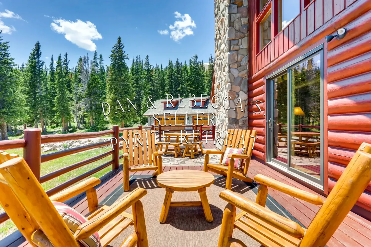 Rustic log cabin deck with wooden Adirondack chairs overlooking mountain views and pine forest.