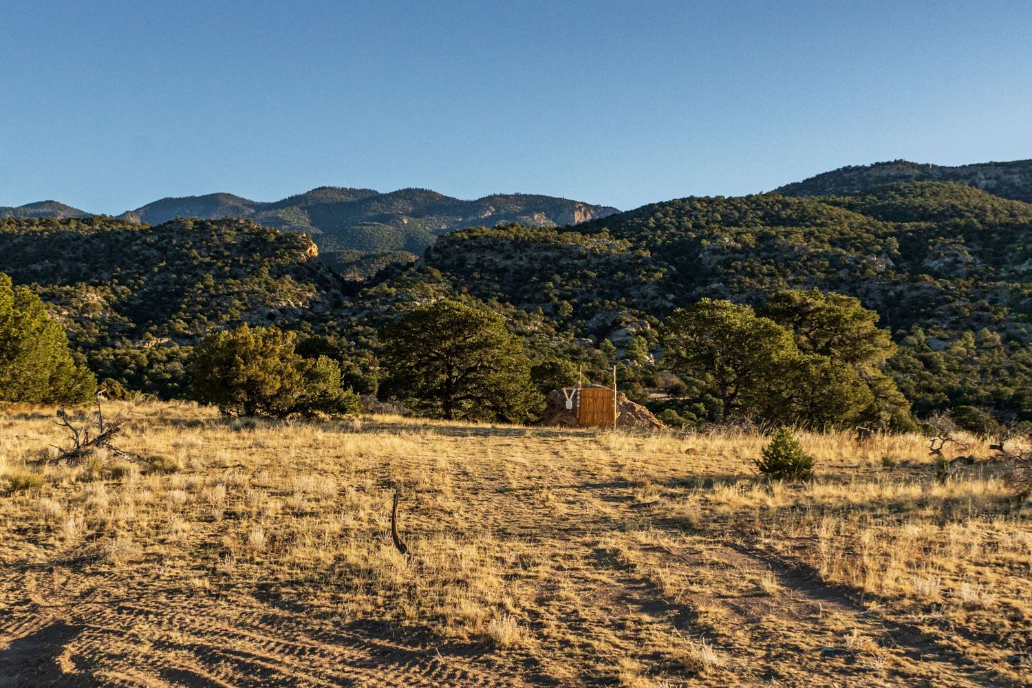 Rolling hills and mountains stretch across the horizon in this desert landscape view.