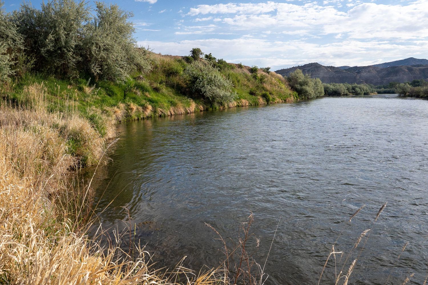 Scenic river with calm water flowing through a valley with dry grass banks, green shrubs, and rolling hills in the background.
