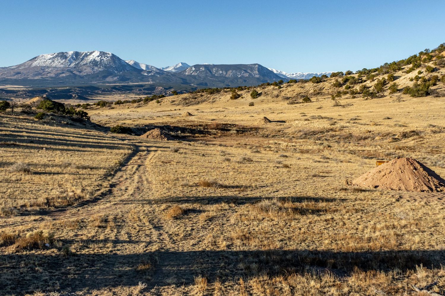 Expansive desert terrain with winding dirt roads leading to snow-peaked mountains in the distance.