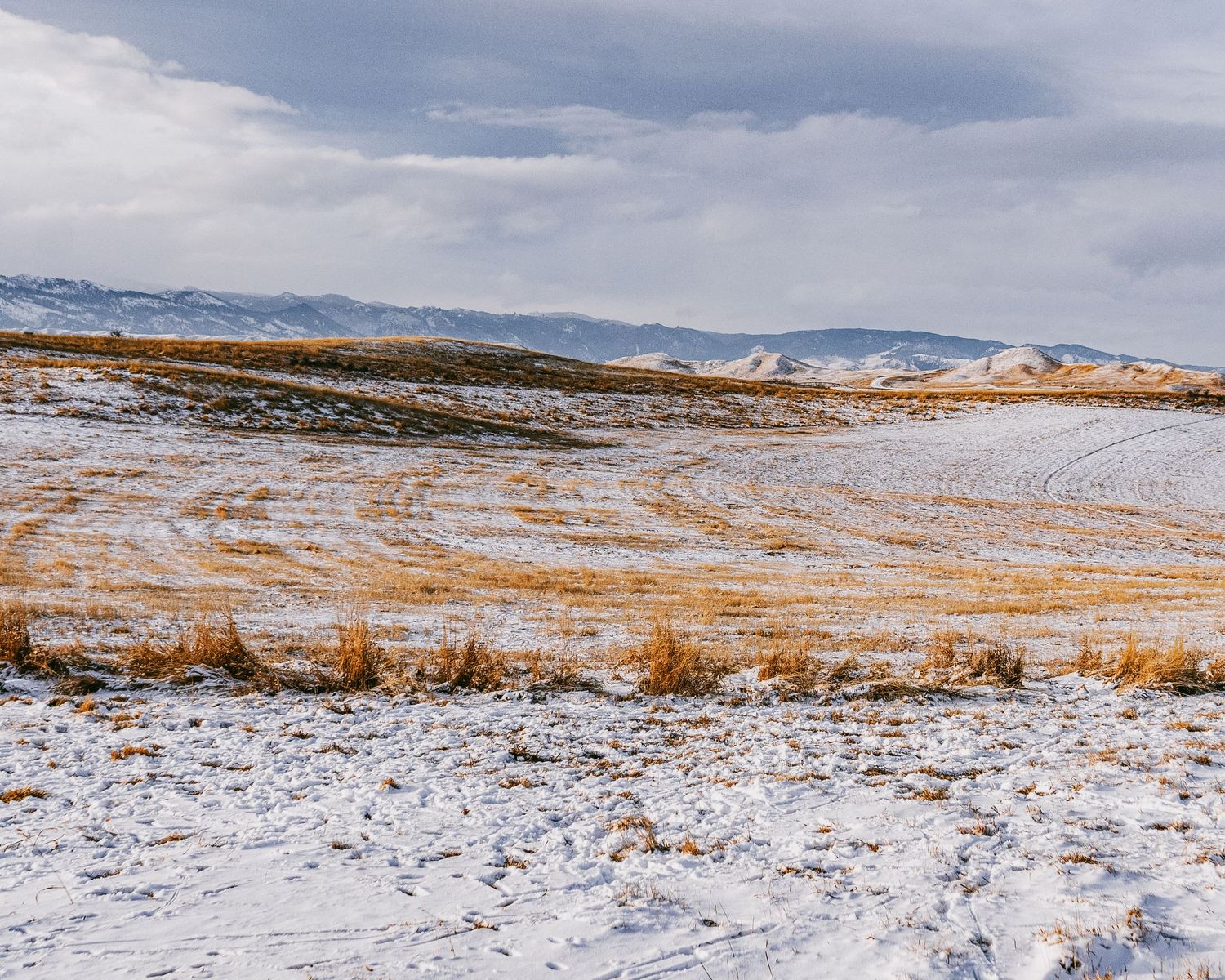Expansive winter landscape with patches of snow and brown grass under cloudy skies.