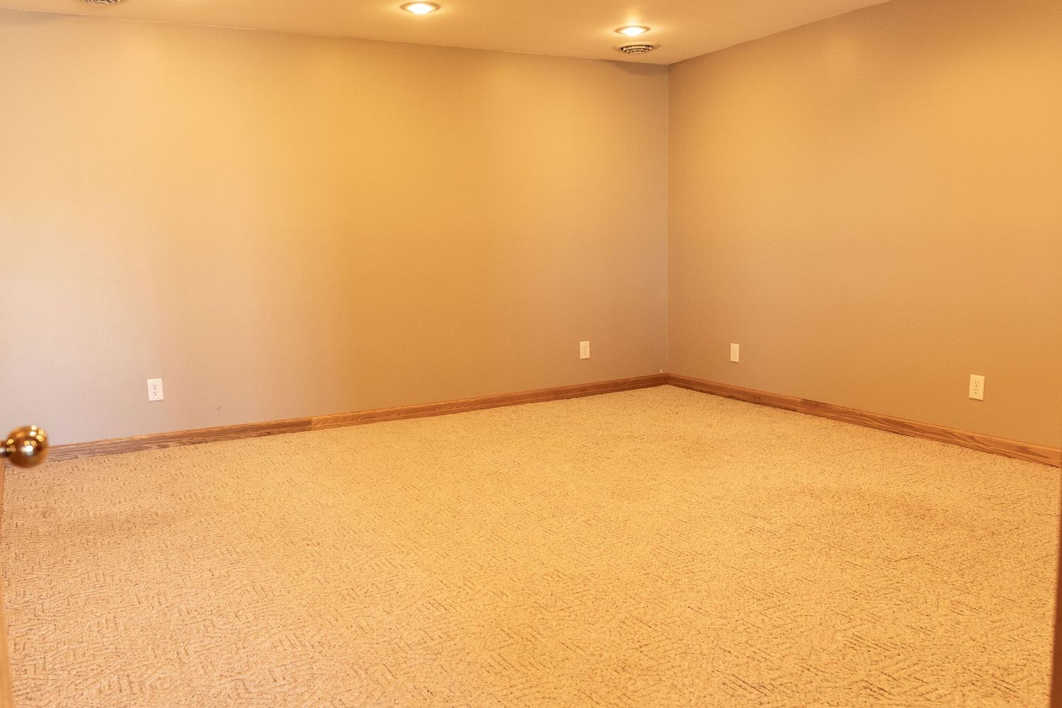 Empty carpeted room with beige walls, baseboard trim, and recessed lighting in a clean residential space.