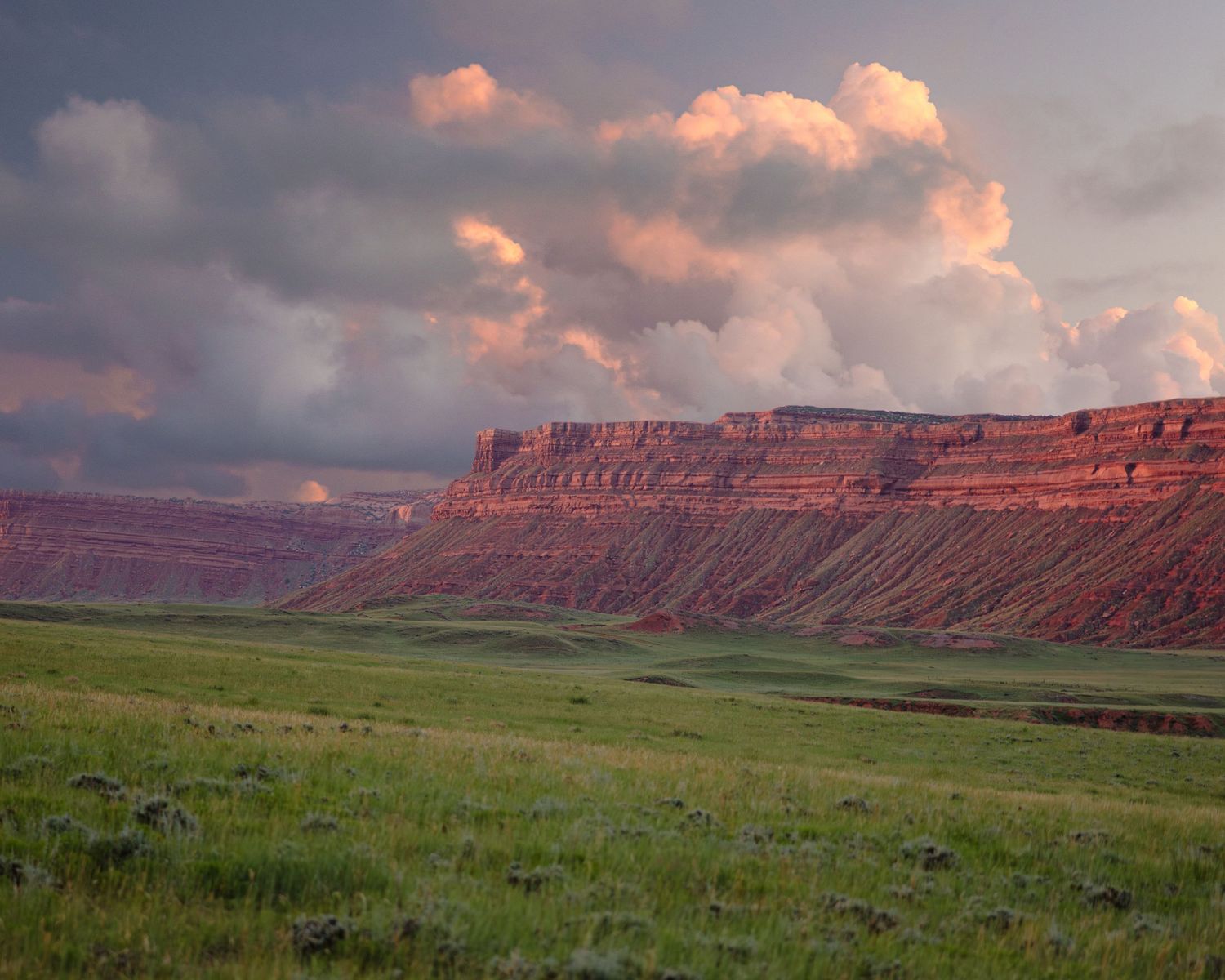 Dramatic red rock cliffs of a desert canyon under pink sunset clouds and evening light.