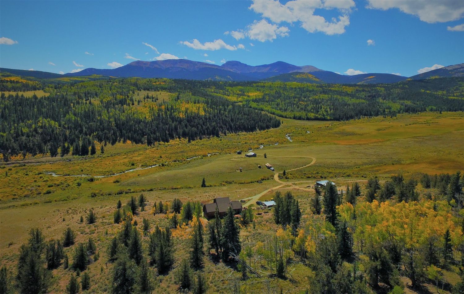 Aerial view of a Colorado mountain valley with evergreen forests, autumn aspens, and snow-capped peaks under a blue sky.