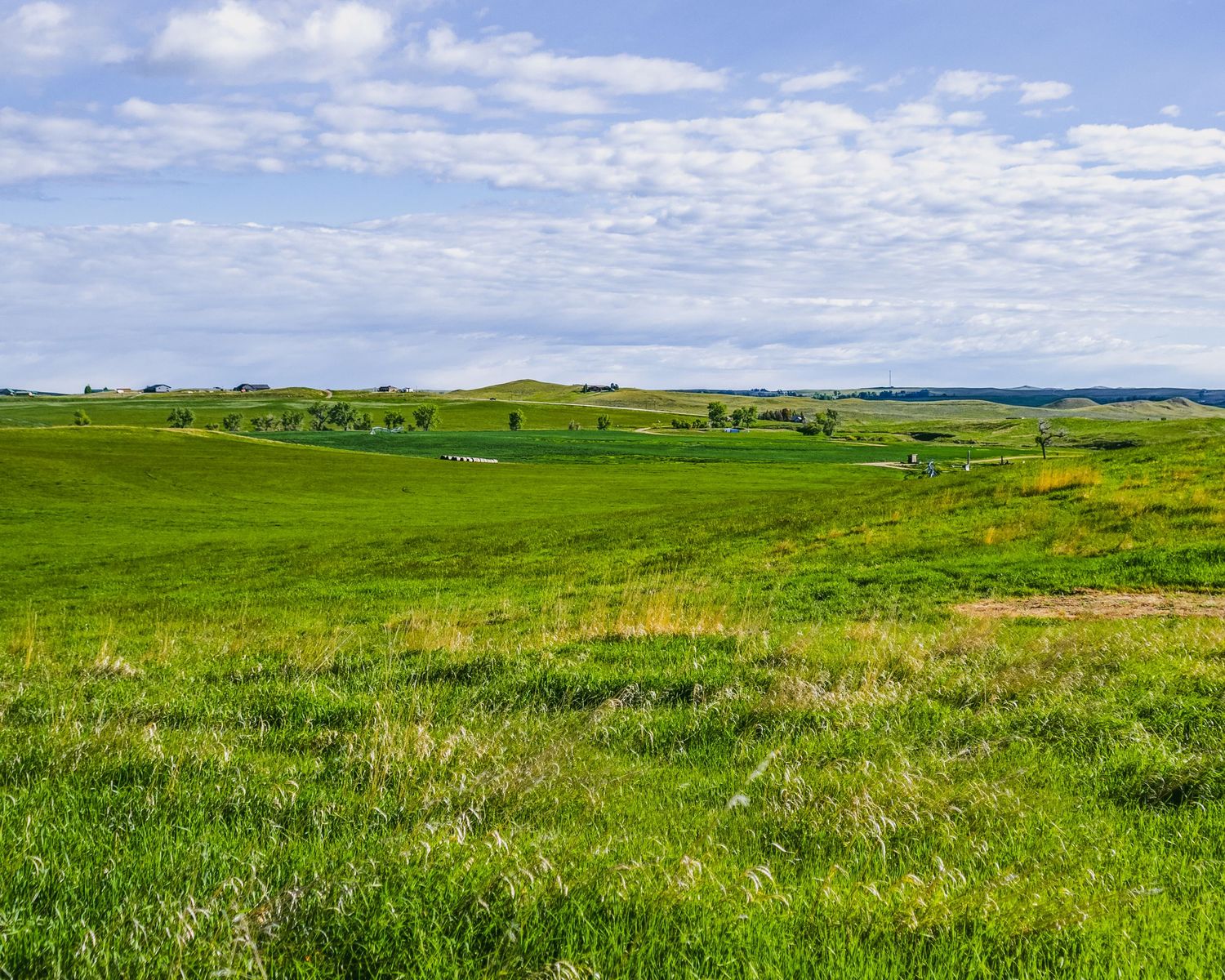 Pastoral scene of green meadows and rolling hills extending to distant mountains.
