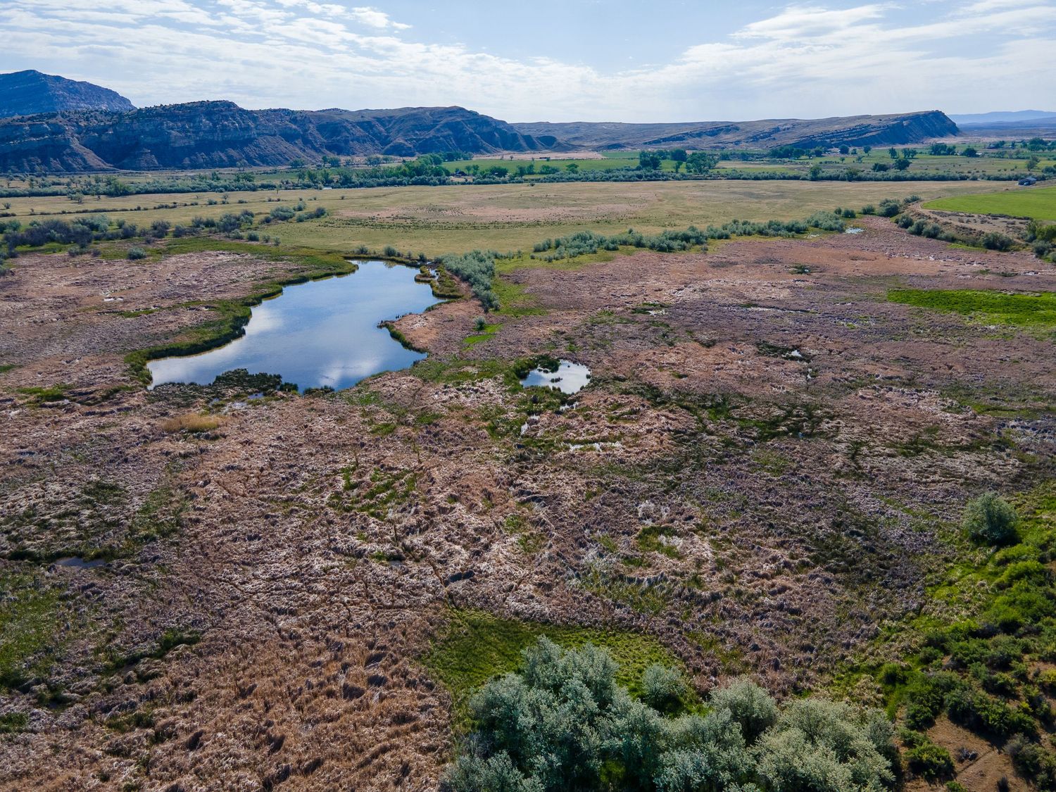 Aerial view of a small pond in an arid landscape with rolling hills and mountains in the background.