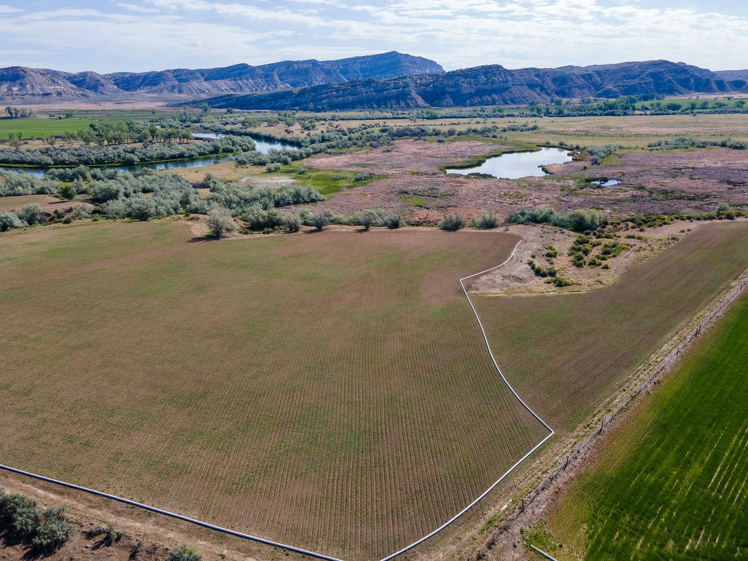 Aerial view of expansive farmland with fenced fields, a pond, and mountain backdrop under a partly cloudy sky.