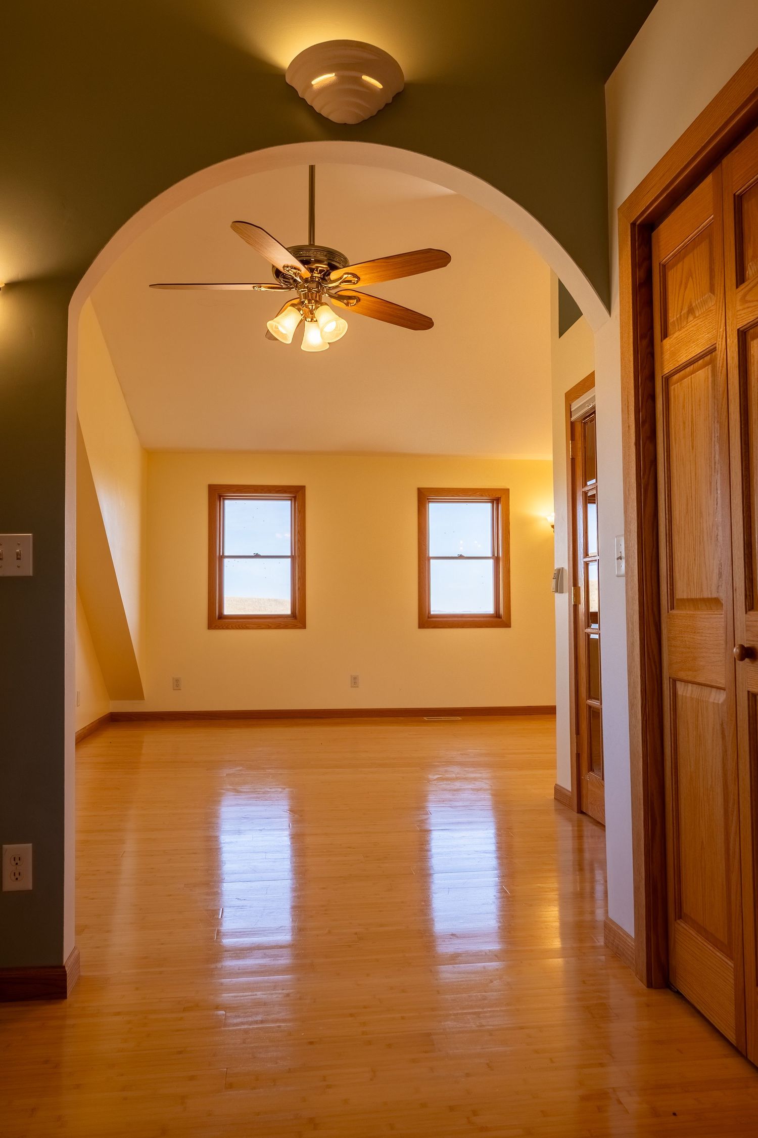 Empty room with hardwood floors, ceiling fan, arched doorway, and two windows with green and yellow walls.