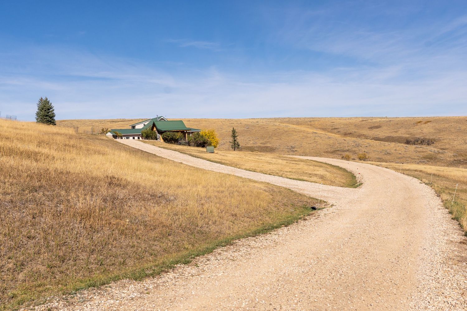 A winding gravel road leads to a rural farmhouse with a green roof set among golden rolling hills under a blue sky.