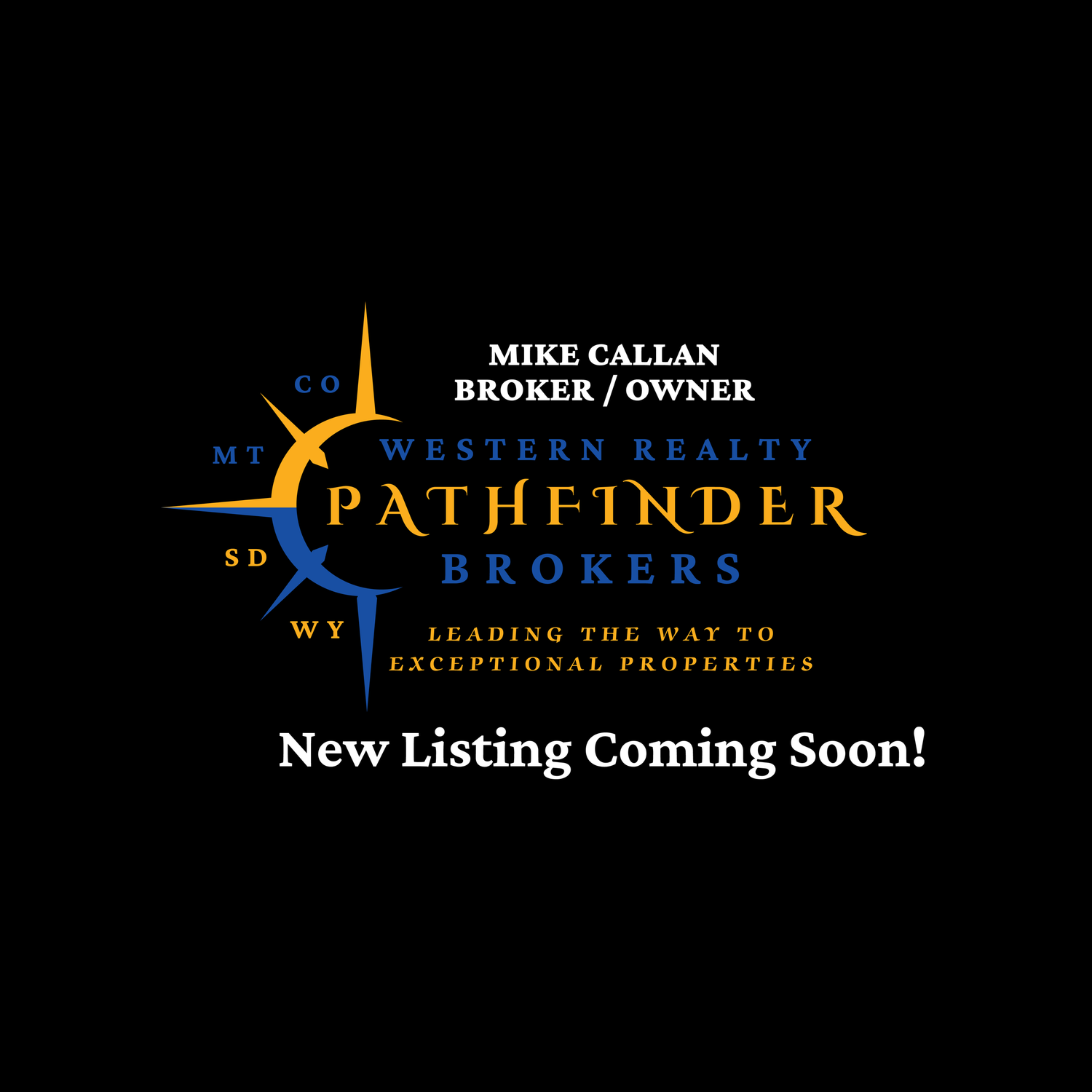 Pathfinder Brokers Western Realty logo with star compass design and new listing announcement on black background.
