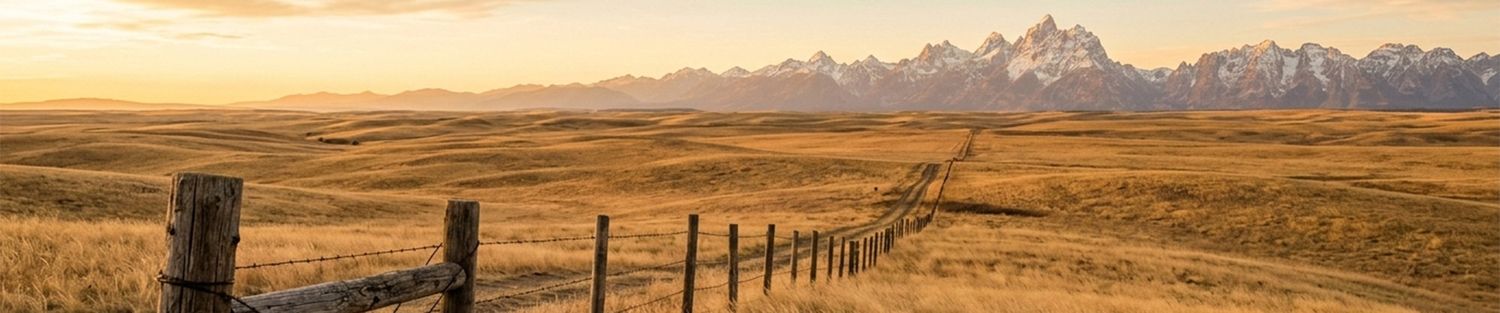 A panoramic view of snow-capped mountains and rolling plains with wooden fence posts stretching into the distance at sunset.