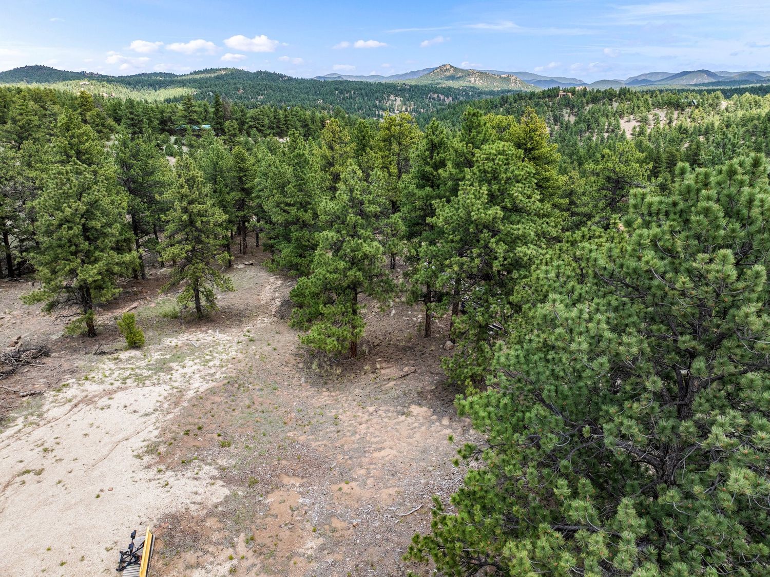 Aerial view of tall pine trees with sandy clearings and rolling forested hills under a partly cloudy sky.