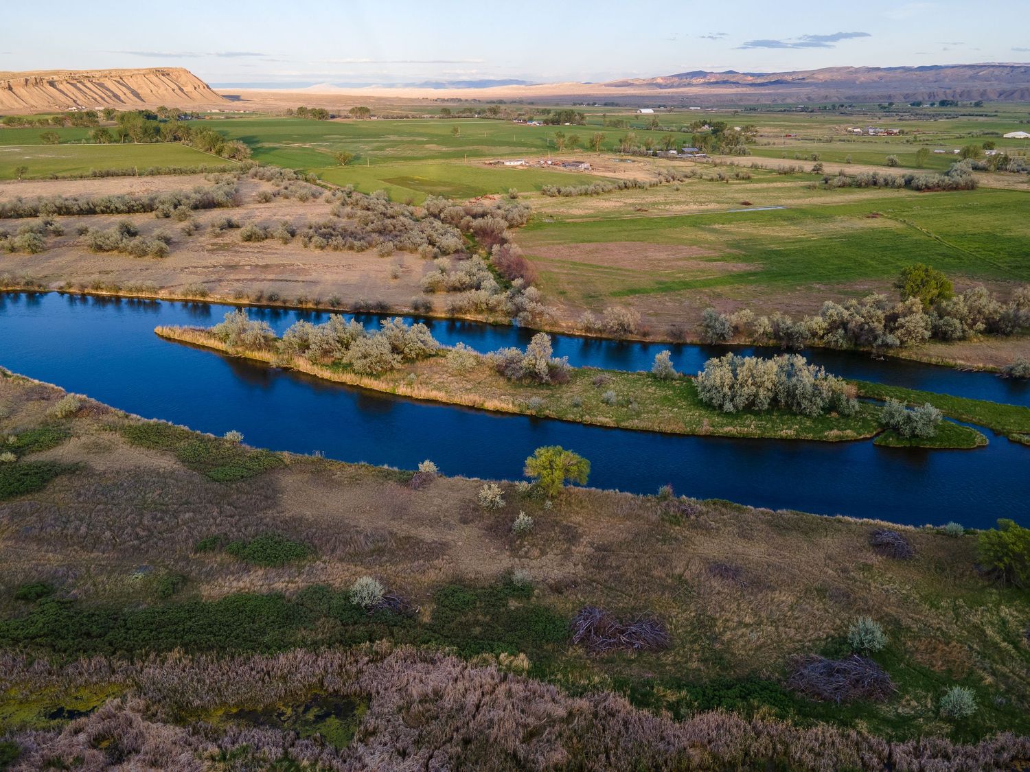 Aerial view of a winding blue river through lush green meadows with desert cliffs in the background at golden hour.