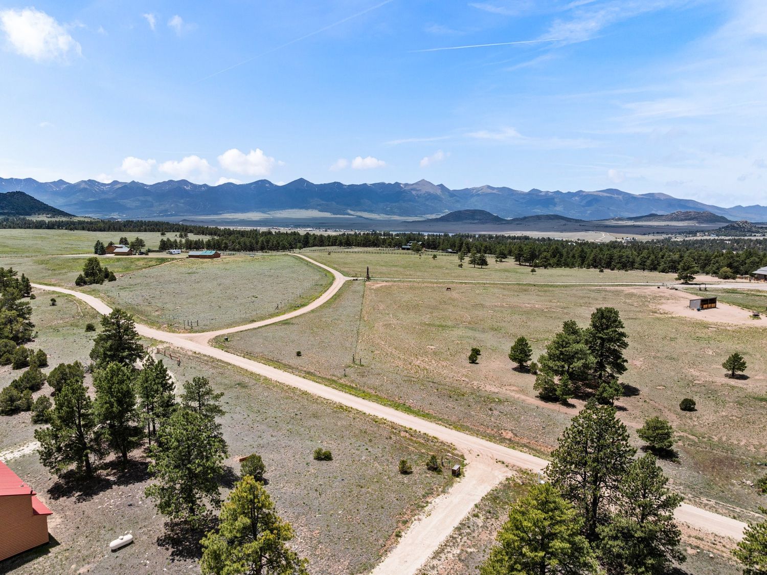 Aerial view of open meadow with winding dirt road, scattered pines, and stunning Rocky Mountain backdrop.
