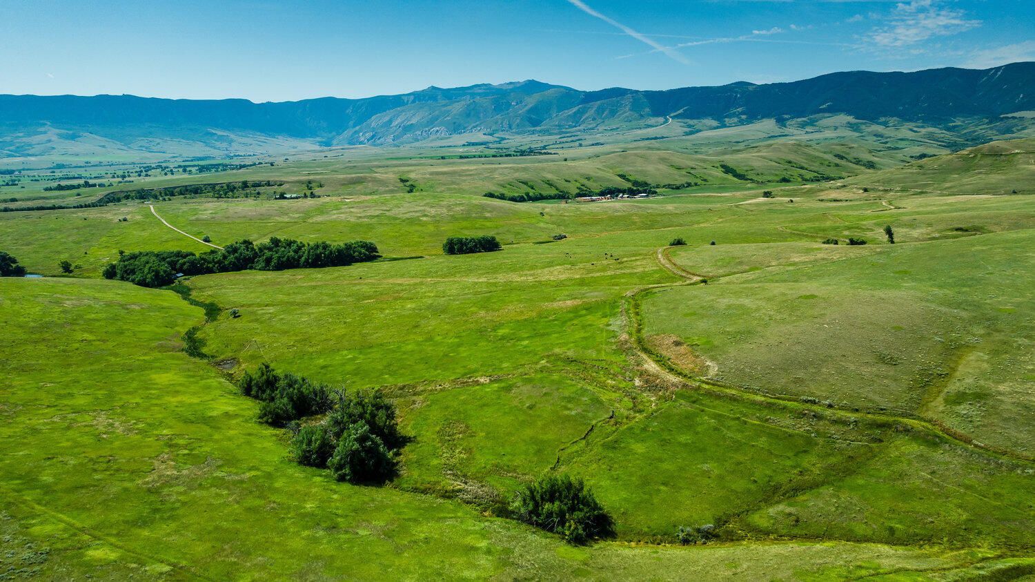 Aerial view of lush green rolling hills and valley with winding dirt path, trees, and mountain range under blue sky.