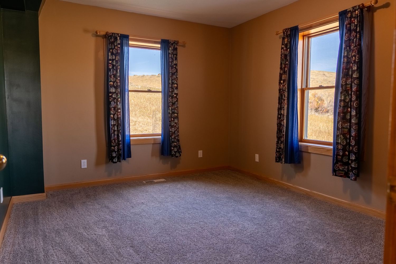 Empty carpeted bedroom with tan walls, blue floral curtains, and two windows overlooking a scenic outdoor landscape.