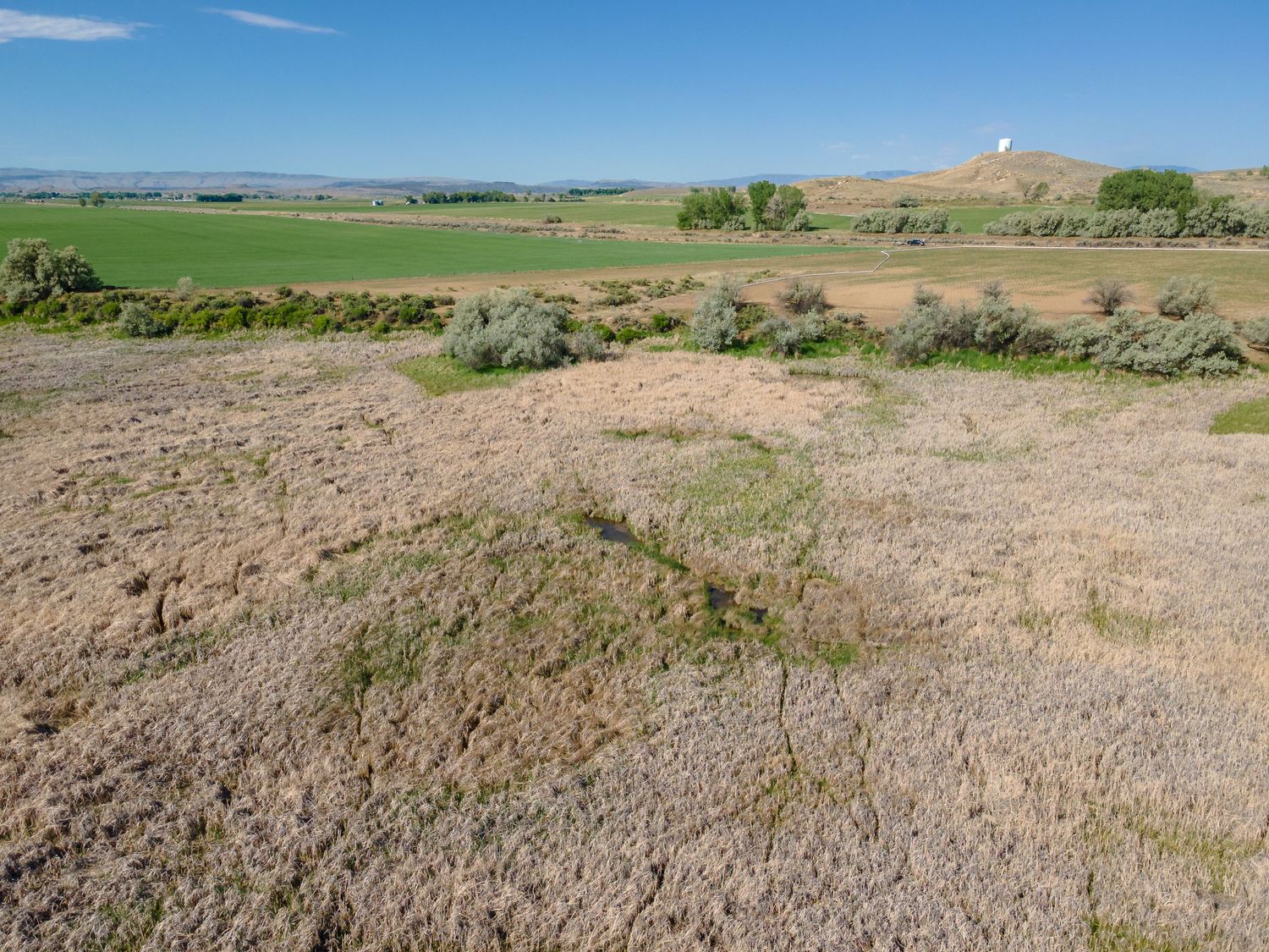 Aerial view of arid scrubland with sagebrush, dry grassland, and green irrigated fields under a clear blue sky.